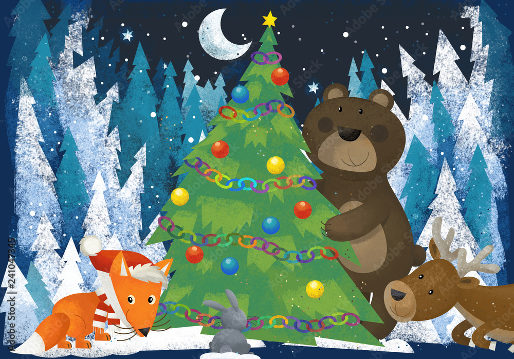 winter scene with forest animals reindeers bear fox and owl near christmas tree - traditional scene - illustration for children