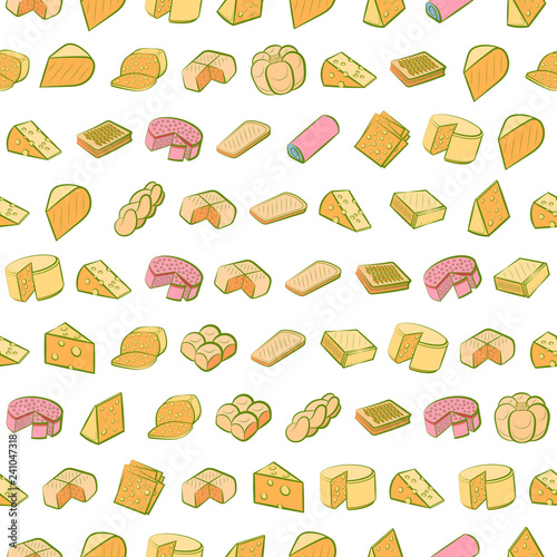 Bakery products and Cheeses set. Background for printing, design, web. Usable as icons. Seamless. Colored.