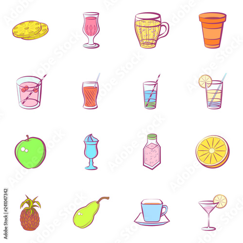 Drinks and Fruits set. Background for printing, design, web. Usable as icons. Seamless. Colored.