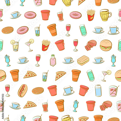 American food and Drinks set. Background for printing, design, web. Usable as icons. Seamless. Colored.