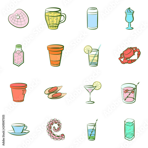 Drinks and Seafood set. Background for printing, design, web. Usable as icons. Seamless. Colored.
