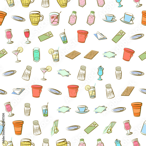 Drinks and Table setting set. Background for printing, design, web. Usable as icons. Seamless. Colored.