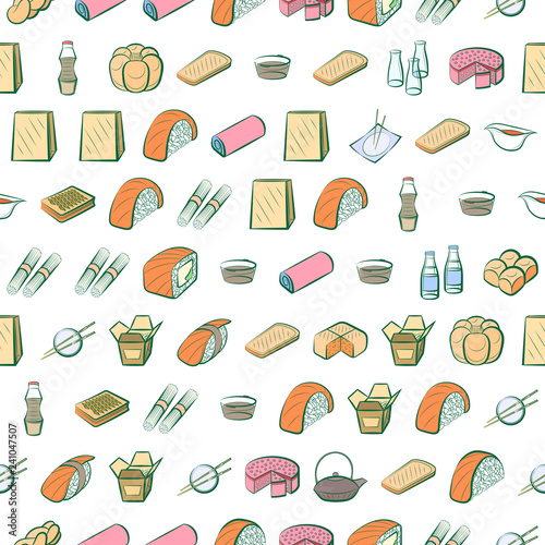 Bakery products and Japanese food set. Background for printing, design, web. Usable as icons. Seamless. Colored.