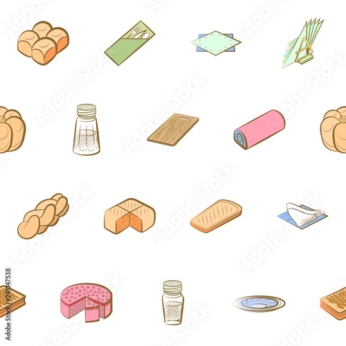 Bakery products and Table setting set. Background for printing, design, web. Usable as icons. Seamless. Colored.