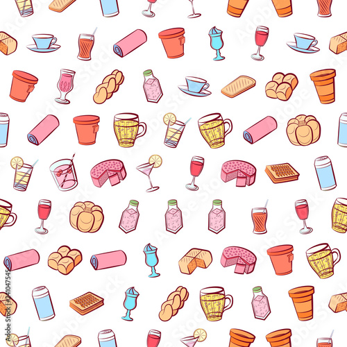 Bakery products and Drinks set. Background for printing, design, web. Usable as icons. Seamless. Colored.