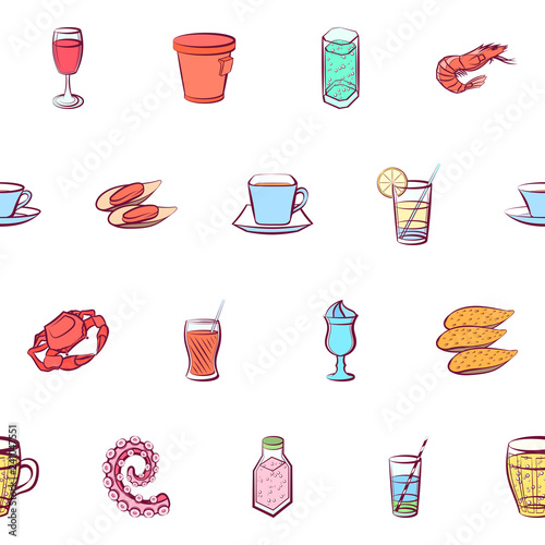 Drinks and Seafood set. Background for printing, design, web. Usable as icons. Seamless. Colored.