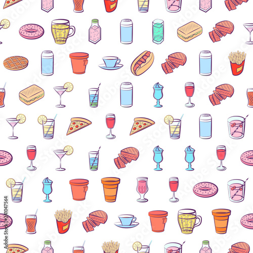 American food and Drinks set. Background for printing, design, web. Usable as icons. Seamless. Colored.