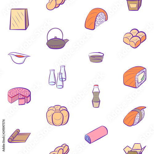 Bakery products and Japanese food set. Background for printing, design, web. Usable as icons. Seamless. Colored.