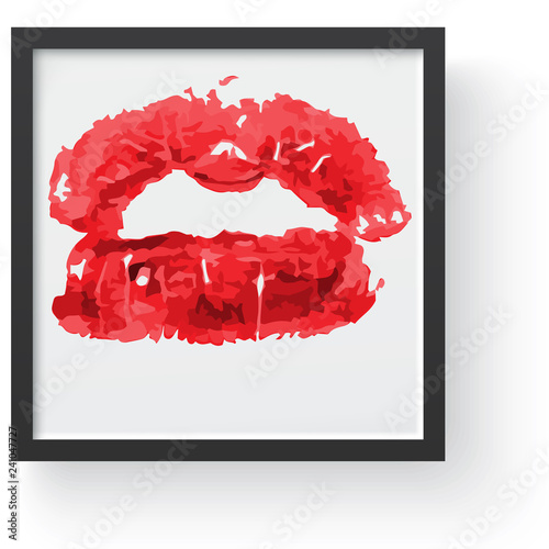 Lipstick kiss print. Female sexy red lips. Sexy lips makeup, kiss mouth, modern frame and place for text