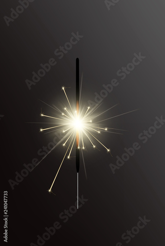 Realistic Holiday Bengal Light, with bright sparkle burning. Vector christmas diwali firework candle, celebration sparkler lights