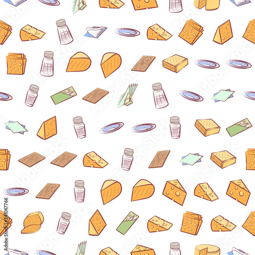 Cheeses and Table setting set. Background for printing, design, web. Usable as icons. Seamless. Colored.