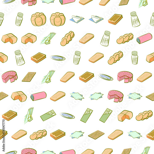 Bakery products and Table setting set. Background for printing, design, web. Usable as icons. Seamless. Colored.