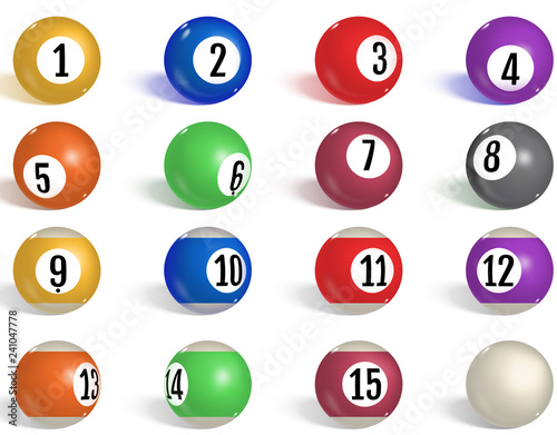 Billiard, pool balls collection. Snooker. Realistic balls on white background. Vector illustration.