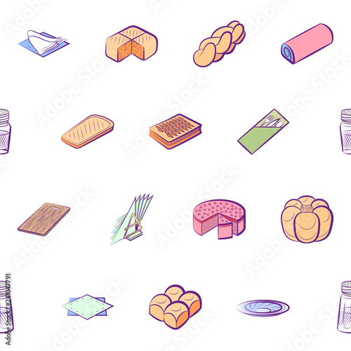 Bakery products and Table setting set. Background for printing, design, web. Usable as icons. Seamless. Colored.
