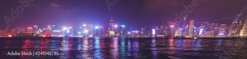 Photography Hong Kong panorama skyline from Tsim Sha Tsui waterfront of Kowloon district with the most famous buildings of Hong Kong
