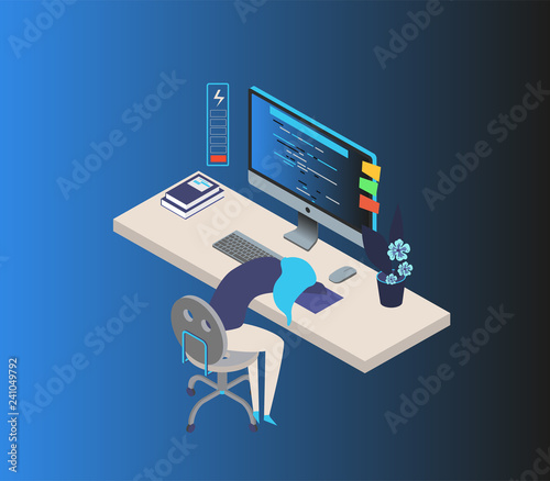 Feeling exhausted. Tired young woman sitting at his working place with computer in office. Business concept. Modern creative vector illustration