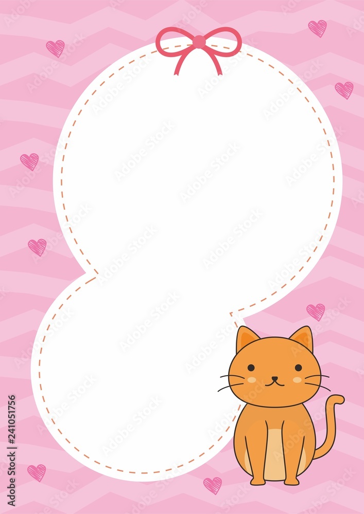 Cute blank card template with pink color and cat vector 