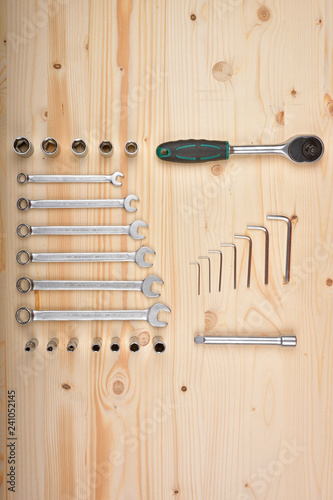 Set of a lot of different tools wood background