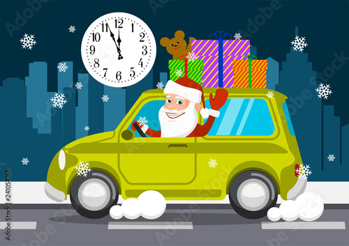 Merry Santa Claus on a car carries gifts. vector illustration