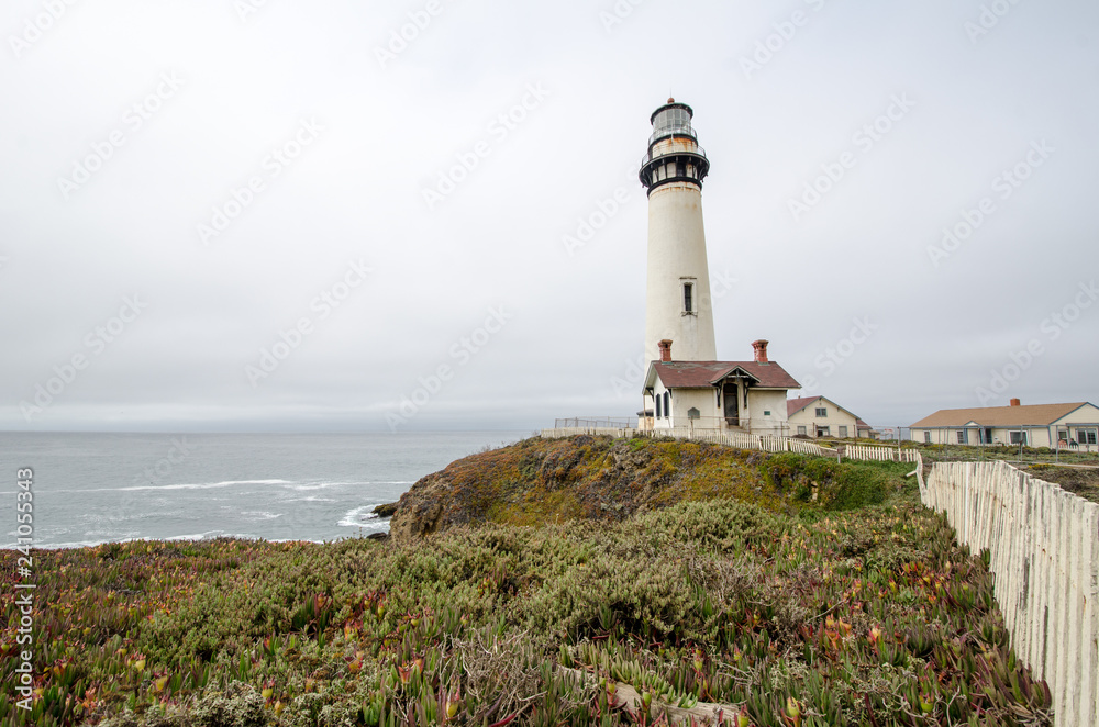 Pigeon Point Lighthouse on California central coast on an overcast foggy morning in the summer.