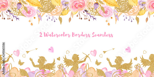 2 Watercolor Valentine's Day Seamless Borders. Texture with golden angels, flowers, hearts, roses. Template for cards, invitations, weddings, love design.