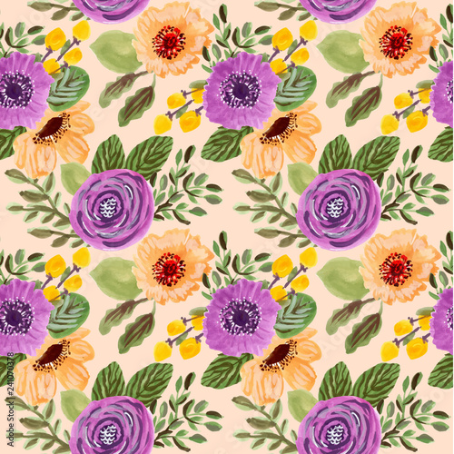 yellow violet floral painting seamless pattern