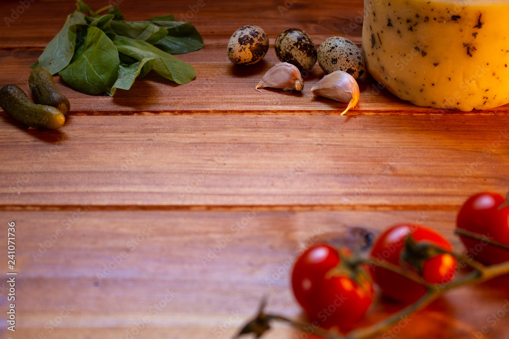 Approach a rustic table with kitchen ingredients. Approach a rustic table with kitchen ingredients.