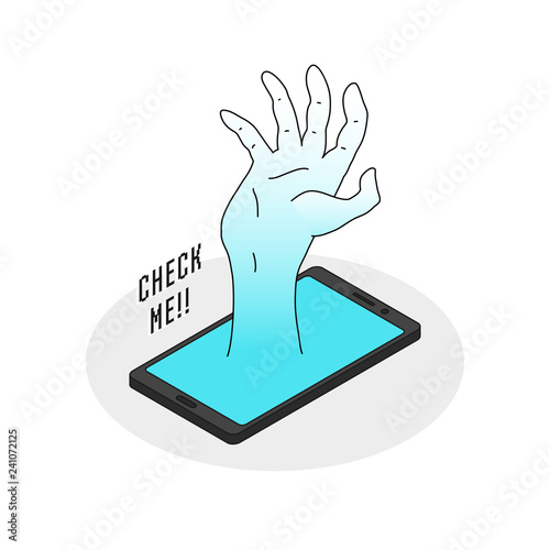 placed smart phone with hand out of the screen and check me text. phone cell addiction illustration concept. isometric vector design.