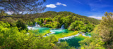 Waterfalls Krka, National Park, Dalmatia, Croatia. View of Krka National Park, Roski Slap location, Croatia, Europe. Beautiful world of Mediterranean countries. Traveling concept background.