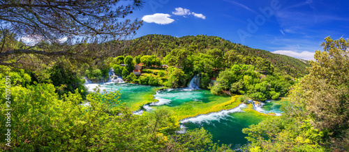 Waterfalls Krka, National Park, Dalmatia, Croatia. View of Krka National Park, Roski Slap location, Croatia, Europe. Beautiful world of Mediterranean countries. Traveling concept background.