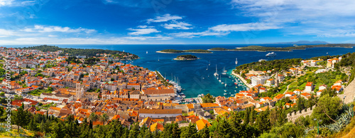 Panorama view at amazing archipelago in front of town Hvar, Croatia. Harbor of old Adriatic island town Hvar. Amazing Hvar city on Hvar island, Croatia. High resolution photo of Hvar town, Croatia.