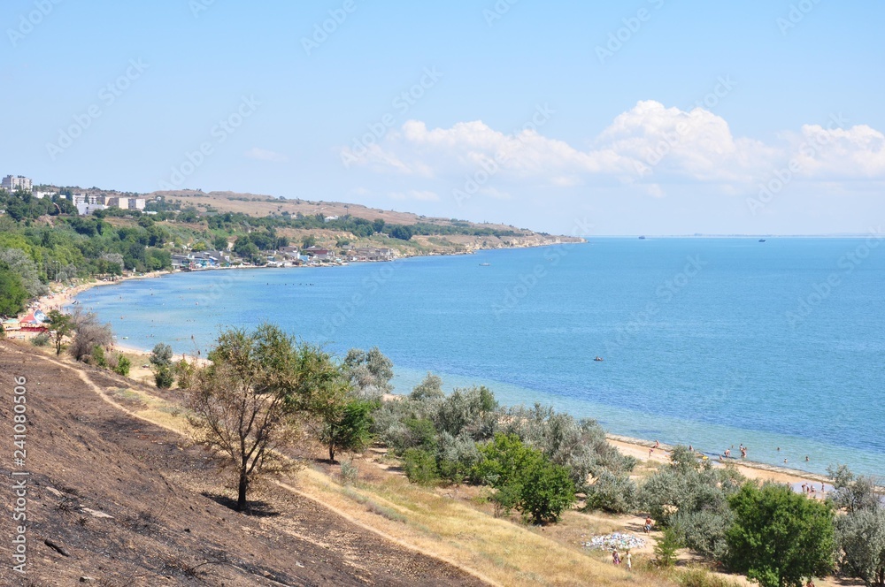 Obraz premium sea, beach, landscape, coast, sky, water, island, nature, blue, summer, bay, view, greece, travel, coastline, ocean, panorama, beautiful, mediterranean, europe, mountain, vacation, sand, tourism, lake