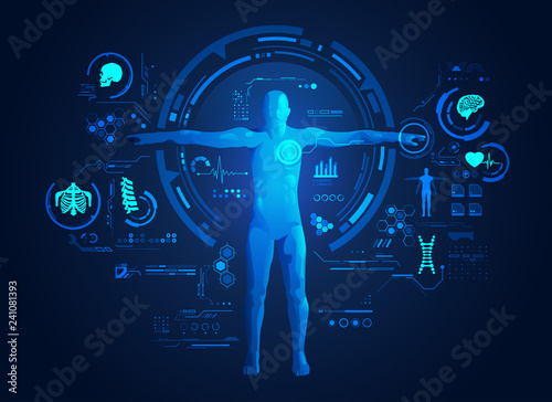 concept of medical or health care technology, shape of human with digital body analysis interface