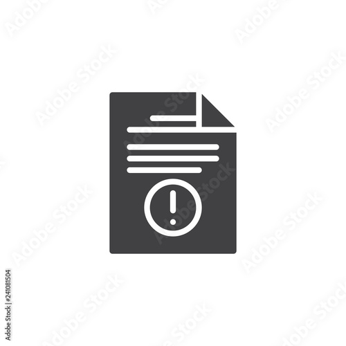 Warning file document vector icon. filled flat sign for mobile concept and web design. Document with exclamation mark simple solid icon. Symbol, logo illustration. Pixel perfect vector graphics