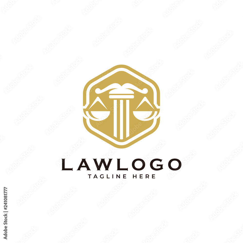 Law symbol logo, scale justice and hexagon vector icon Law symbol logo, scale justice and hexagon vector icon