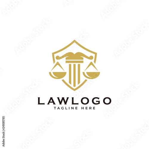 Law symbol logo, scale justice and shield vector icon