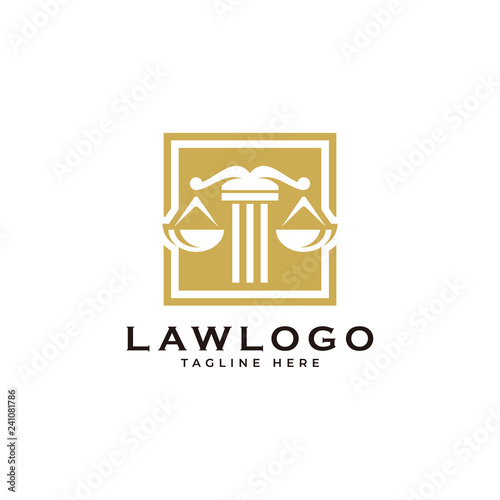 Law symbol logo, scale justice and square vector icon