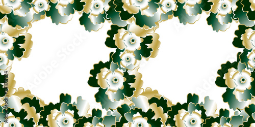 Vector seamless pattern frame hand drawn gradient gilded green and white roses flowers. Background for card, cover page, packing, print, banner, menu, poster, carte, affiche, handbill, sticer.