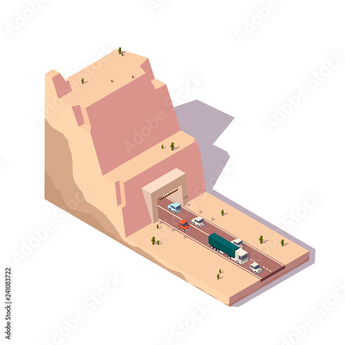 Isometric landscape with tunnel and road at the desert.