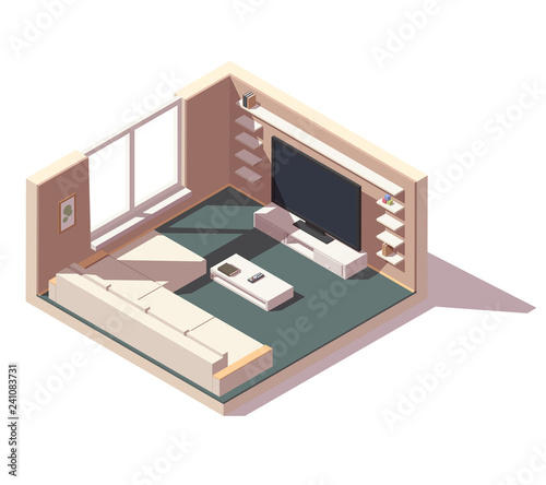 Isometric low poly living room cutaway icon. Vector illustration.