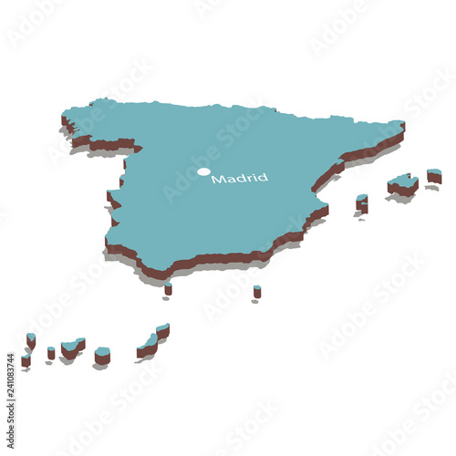 Isometric map of Spain with capital Madrid. Isolated 3D isometric vector illustration for infographic.