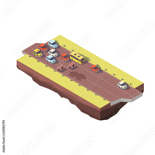 Road repair, road sign. Flat 3d vector isometric illustration