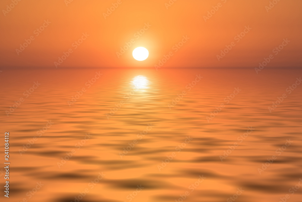 Bright orange sunset over the calm sea in calm weather