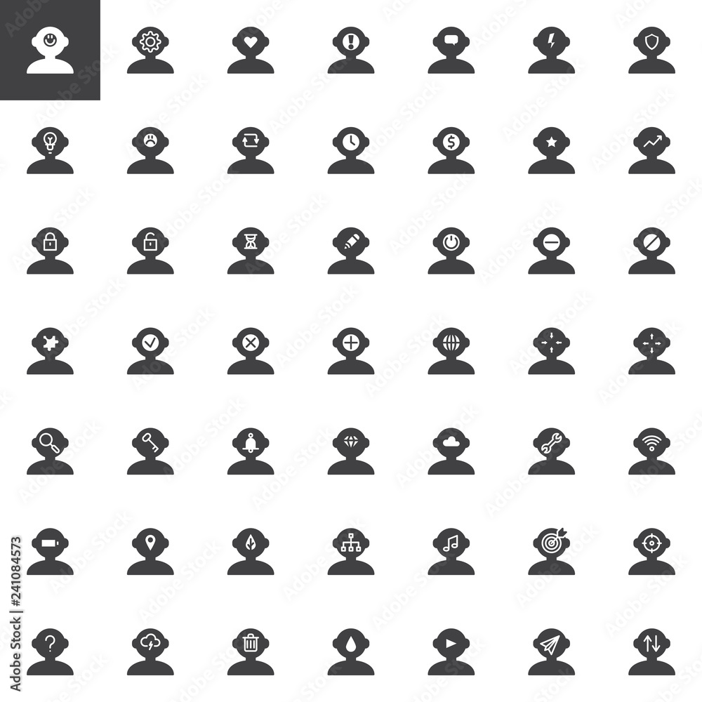 Human mind vector icons set, modern solid symbol collection, filled style pictogram pack. Signs, logo illustration. Set includes icons as head, brain, imagination, idea, person, profile, think idea Human mind vector icons set, modern solid symbol collection, filled style pictogram pack. Signs, logo illustration. Set includes icons as head, brain, imagination, idea, person, profile, think idea