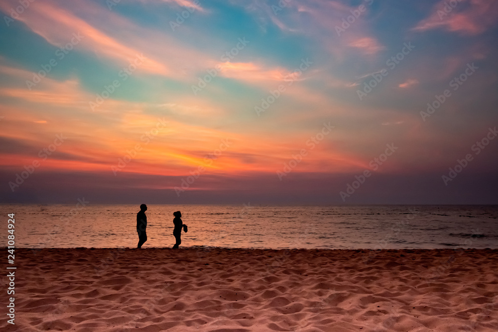 Fototapeta premium silhouette couple walking on beach, sun set, twilight, copy space