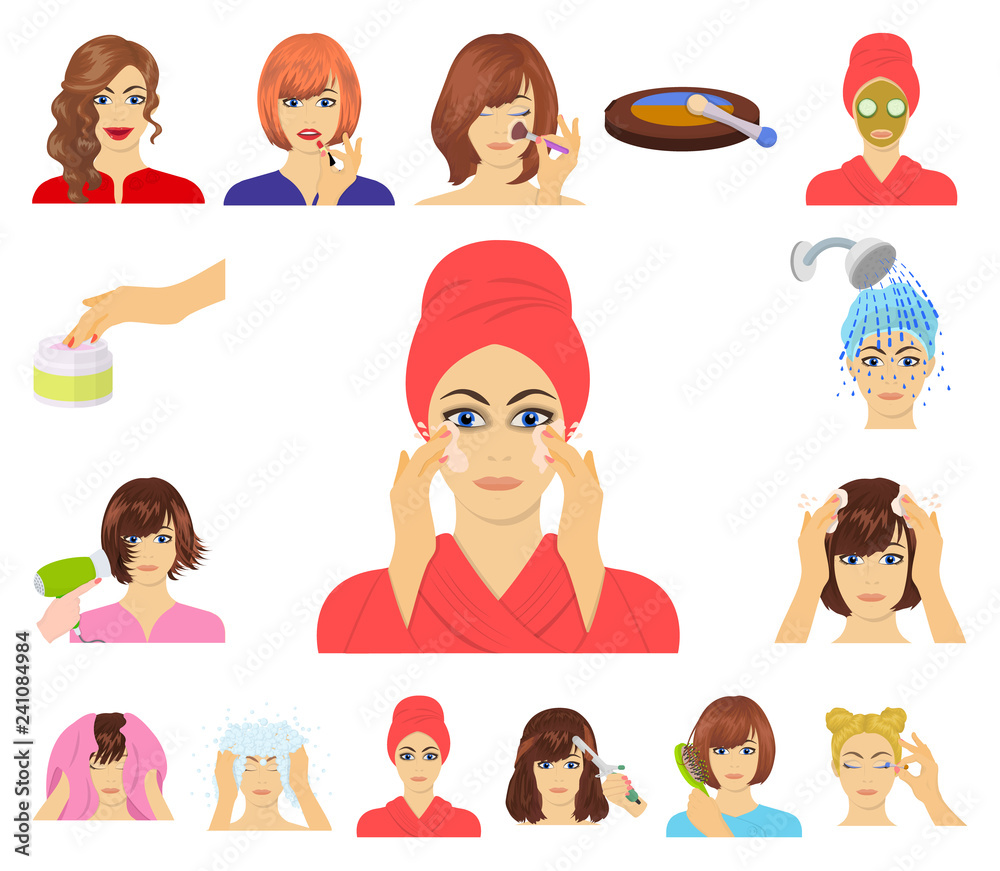 Care of hair and face cartoon icons in set collection for design. Perfumes and makeup vector symbol stock web illustration. Care of hair and face cartoon icons in set collection for design. Perfumes and makeup vector symbol stock web illustration.
