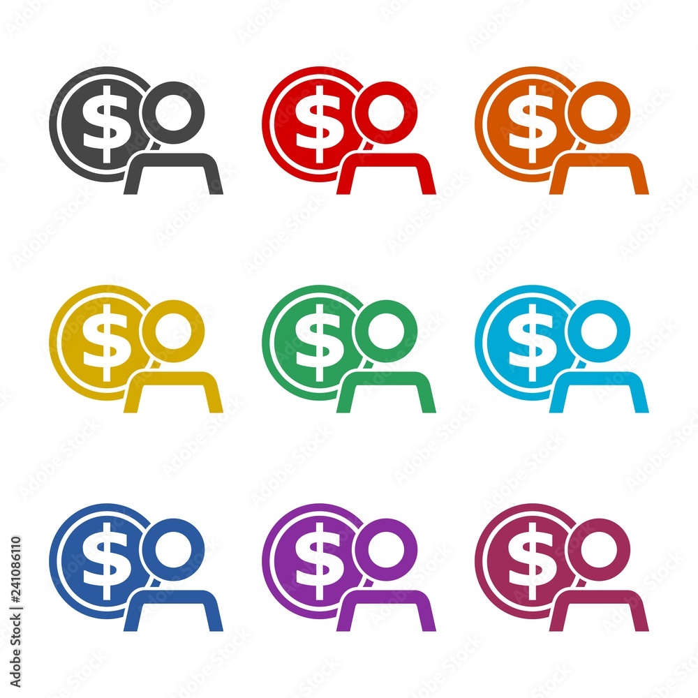Employee wages icon or logo, Businessman silhouette with dollar sign, User earnings icon, color set Employee wages icon or logo, Businessman silhouette with dollar sign, User earnings icon, color set
