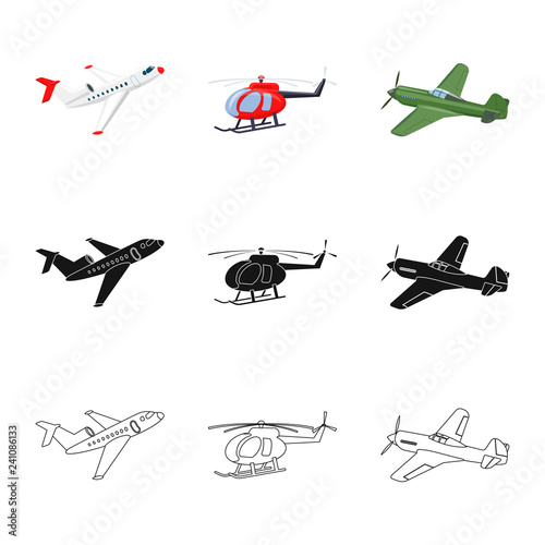 Vector illustration of plane and transport icon. Collection of plane and sky vector icon for stock.