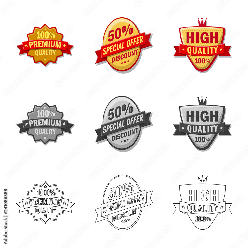Vector illustration of emblem and badge icon. Set of emblem and sticker vector icon for stock. Vector illustration of emblem and badge icon. Set of emblem and sticker vector icon for stock.