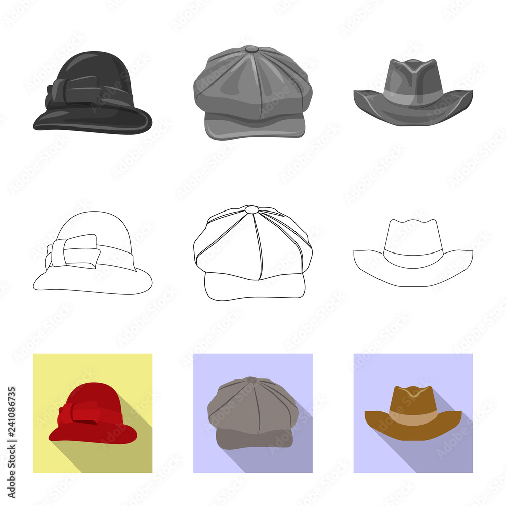 Vector illustration of headgear and cap symbol. Collection of headgear and accessory vector icon for stock. Vector illustration of headgear and cap symbol. Collection of headgear and accessory vector icon for stock.